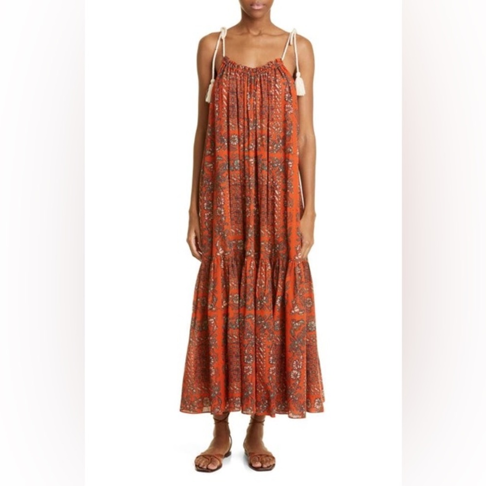 ULLA JOHNSON Cari Floral Cover-up Midi Dress In Clementine, Size Large , $445